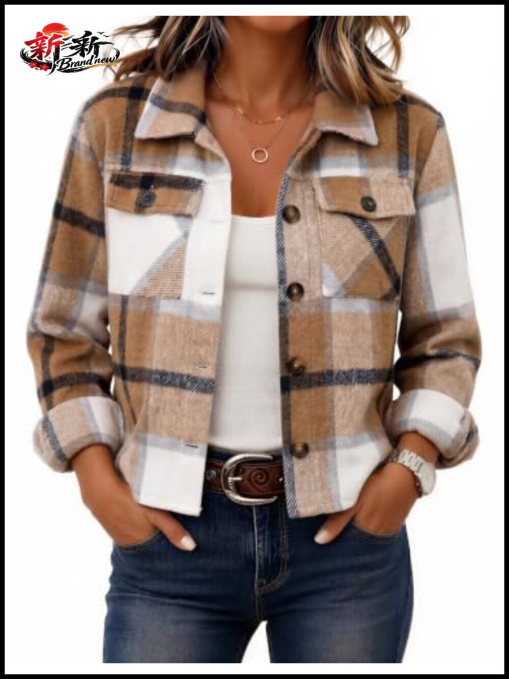 Cropped Flannel Shacket Jacket Plaid Casual Button Up